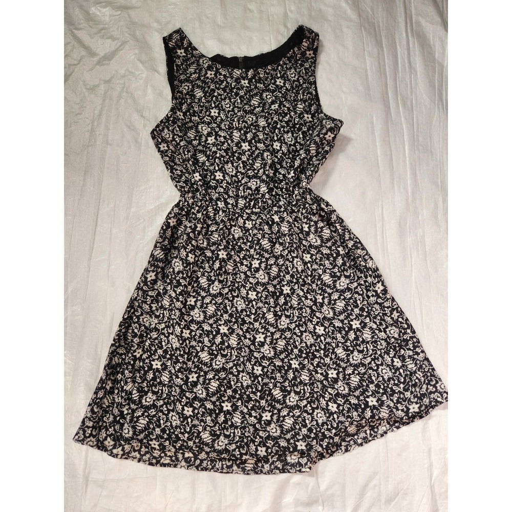 Aqua Women's S Dress Tank Short Black White Floral Open Back Zip Mini Fit Flare